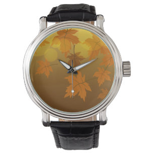 Autumn pattern with falling maple leaves and bokeh watch