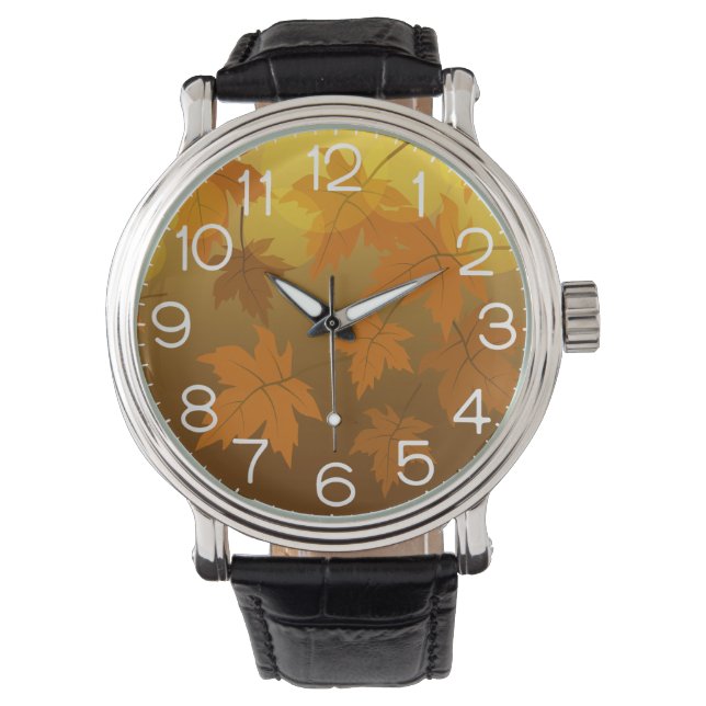 Autumn pattern with falling maple leaves and bokeh watch (Front)