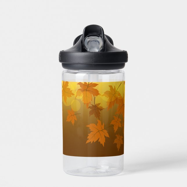 Autumn pattern with falling maple leaves and bokeh water bottle (Front)