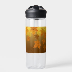 Autumn pattern with falling maple leaves and bokeh water bottle
