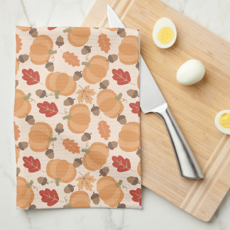 Autumn Pattern With Pumpkins, Acorns and Leaves Tea Towel