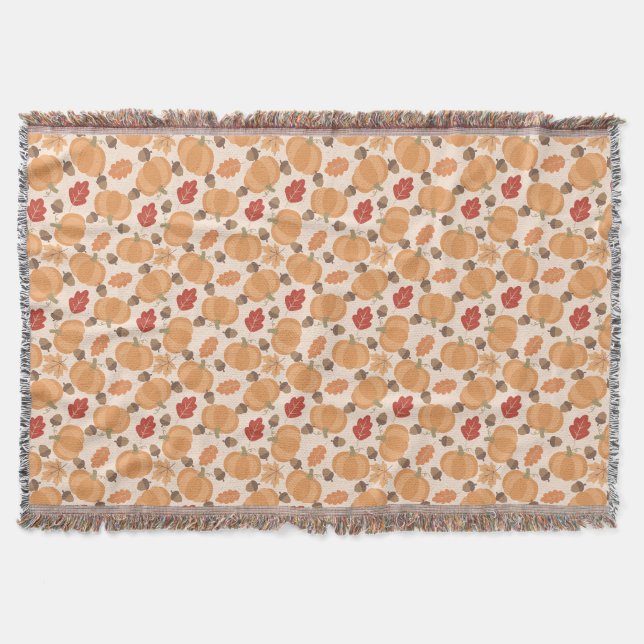 Autumn Pattern With Pumpkins, Acorns and Leaves Throw Blanket (Front)