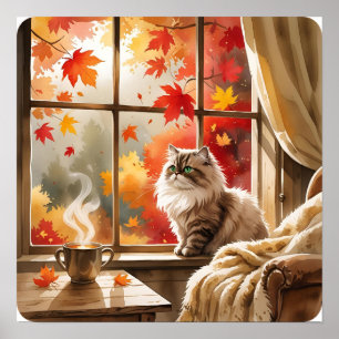 Autumn Peace – Cat in Warm Blanket Watching Fall Poster