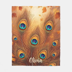 Autumn Peacock Feather Fall Fleece Blanket