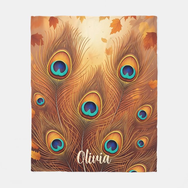 Autumn Peacock Feather Fall Fleece Blanket (Front)