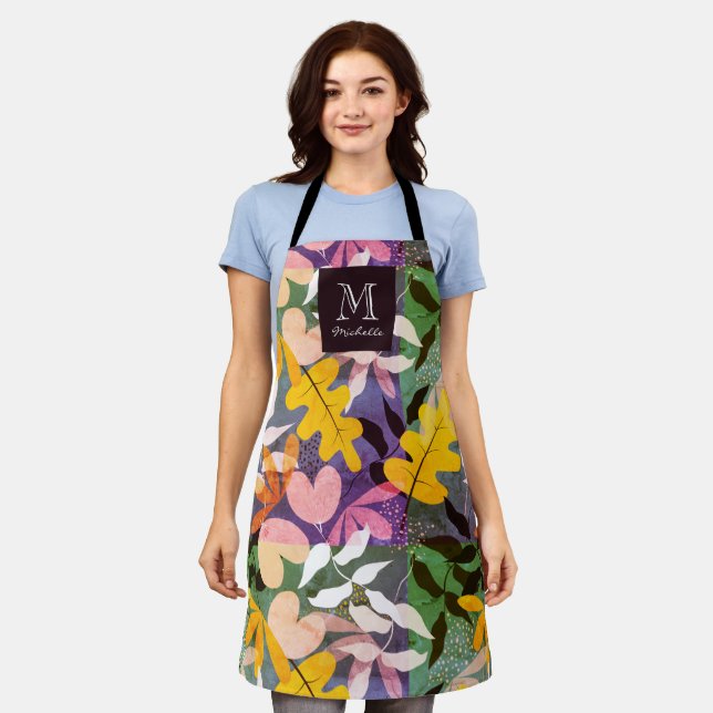 Autumn Personalised Monogram Abstract Floral Apron (Worn)