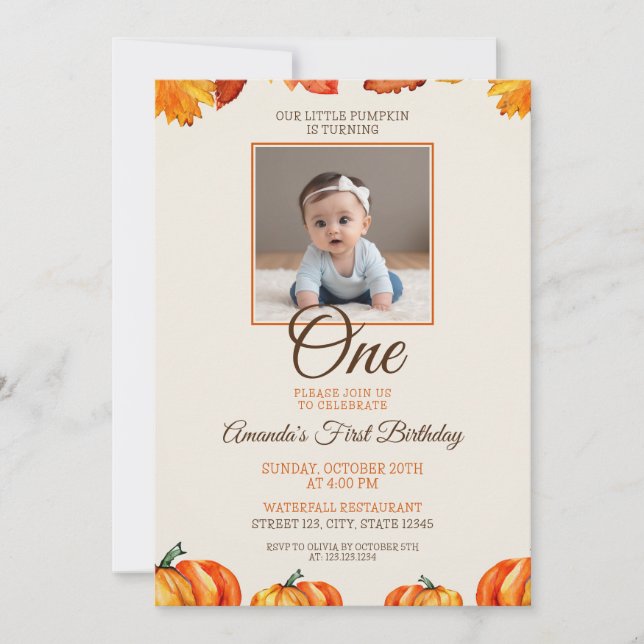 Autumn Photo Pumpkin Baby 1st Birthday Invitation (Front)