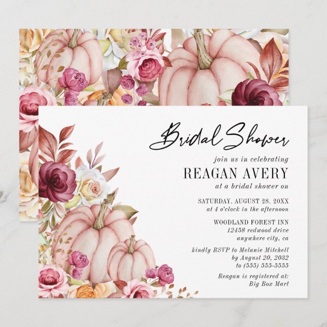 Autumn Pink Burgundy Pumpkin Bridal Shower Invitat Invitation (Front/Back)
