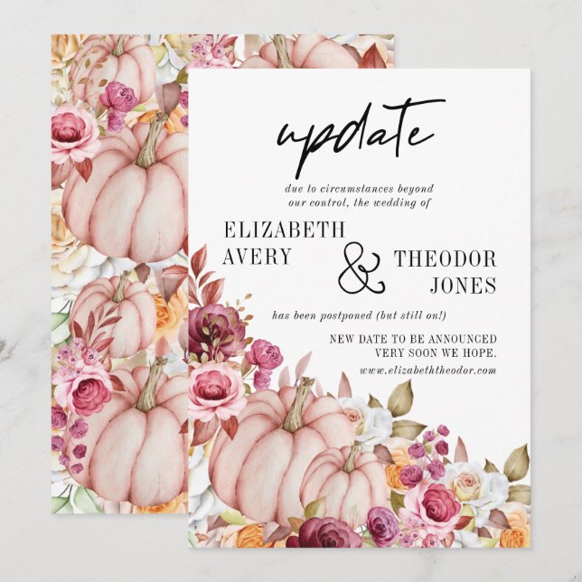 Autumn Pink Burgundy Pumpkin Floral Wedding Update Invitation (Front/Back)