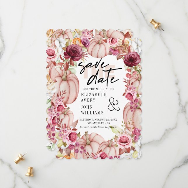 Autumn Pink Burgundy Pumpkin Save The Date (Front/Back In Situ)