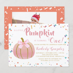 Autumn Pink Little Pumpkin 1st Birthday Photo Invitation
