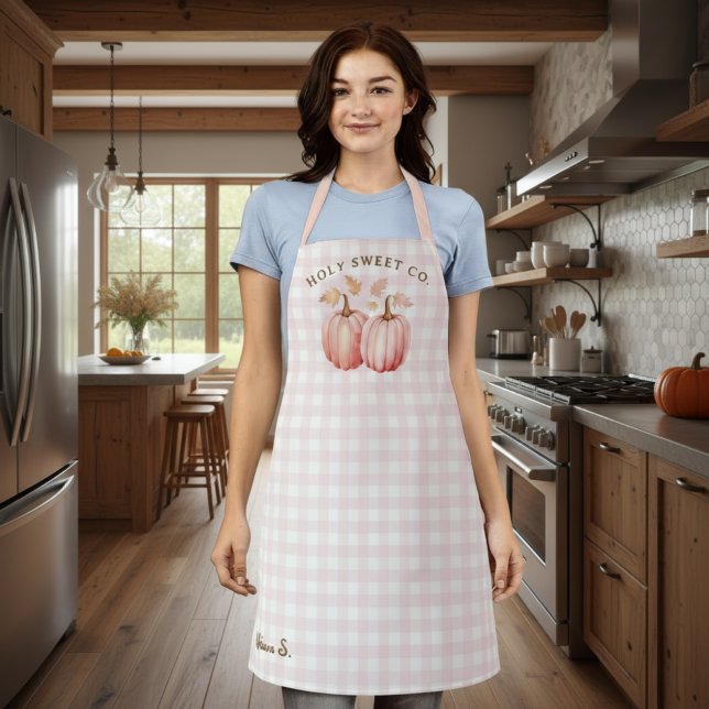 Autumn Pink Pumpkin Gingham Baking  Apron (Pink Pumpkin Gingham Bakery Apron)