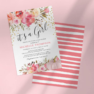 Autumn Pink Pumpkin it's a Girl Floral Baby Shower Invitation