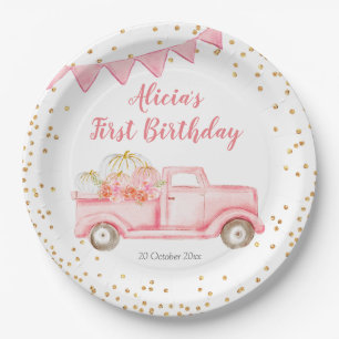 Autumn Pink Pumpkin Truck Paper Party Plate