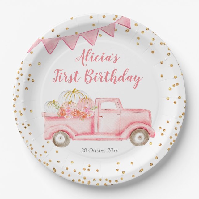 Autumn Pink Pumpkin Truck Paper Party Plate (Front)