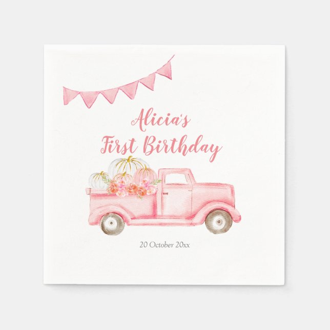 Autumn Pink Pumpkin Truck Paper Party Plate Napkin (Front)