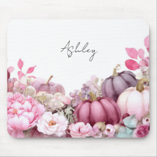 Autumn Pink Pumpkins and Flowers Fall Pattern Mouse Mat