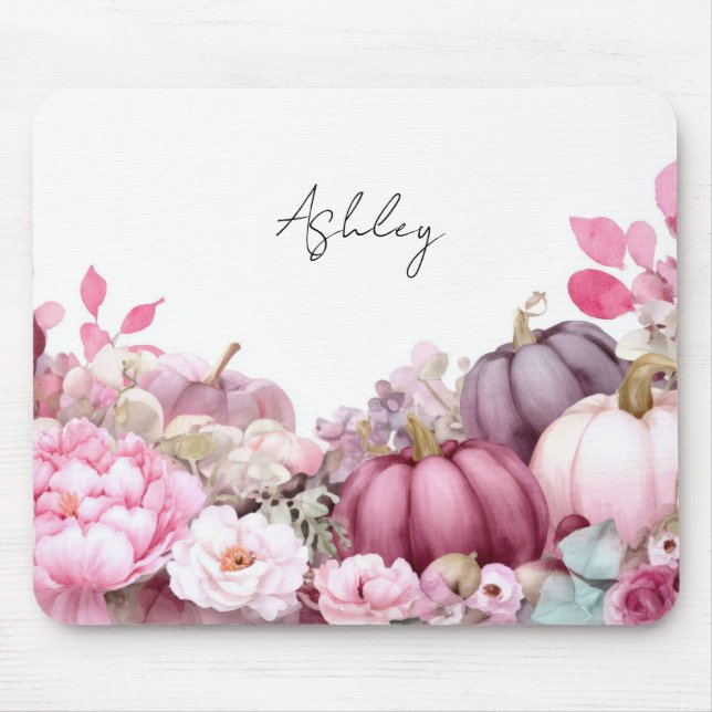 Autumn Pink Pumpkins and Flowers Fall Pattern  Mouse Mat (Front)