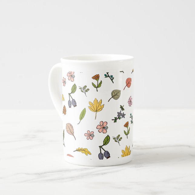 autumn pink red and yellow flowers and leaves bone china mug (Front Left)