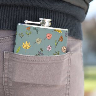autumn pink red yellow flowers and leaves green hip flask
