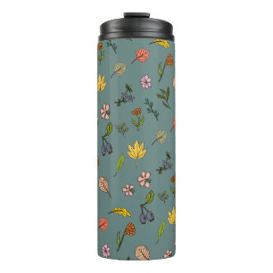 autumn pink red yellow flowers and leaves green thermal tumbler