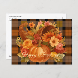 Autumn Plaid And Cornucopia  Holiday Postcard