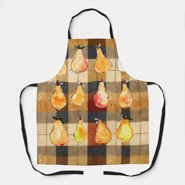 Autumn Plaid Apron with Pears Design (Front)