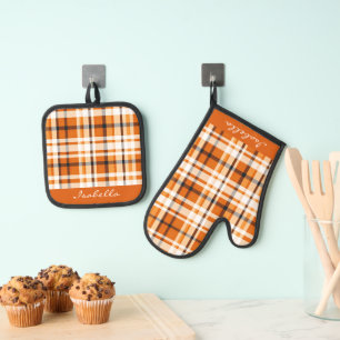 Autumn Plaid Burnt Orange White Black  Oven Mitt & Pot Holder Set