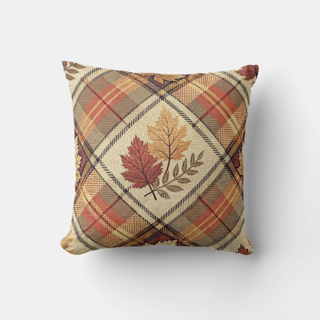 Autumn Plaid Maple Leaves Patchwork Tartan Pattern Cushion (Front)
