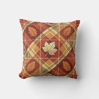 Autumn Plaid Maple Leaves Rustic Red Tartan Cushion
