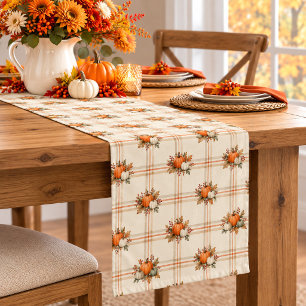 Autumn Plaid Pumpkins and Leaves Harvest Pattern Medium Table Runner