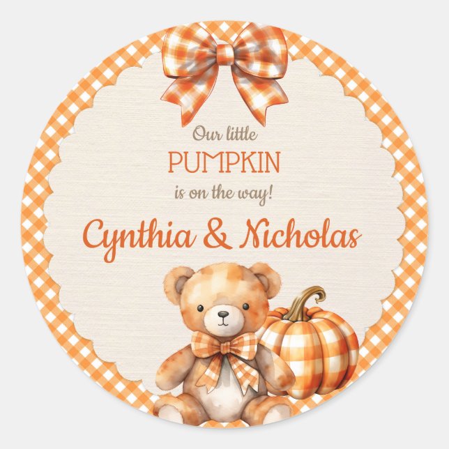 Autumn Plaid Teddy Bear Pumpkin Leaves Classic Round Sticker (Front)