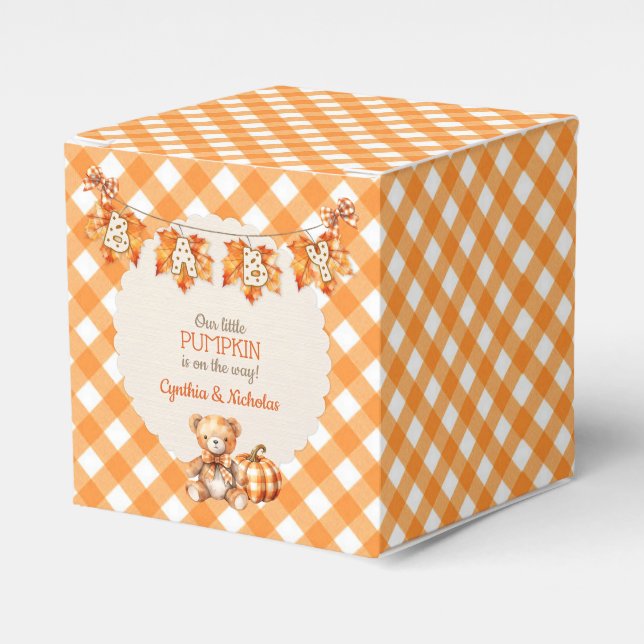 Autumn Plaid Teddy Bear Pumpkin Leaves Favour Box (Front Side)
