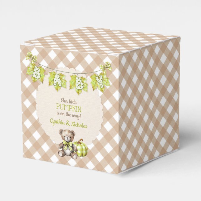 Autumn Plaid Teddy Bear Pumpkin Leaves Favour Box (Front Side)