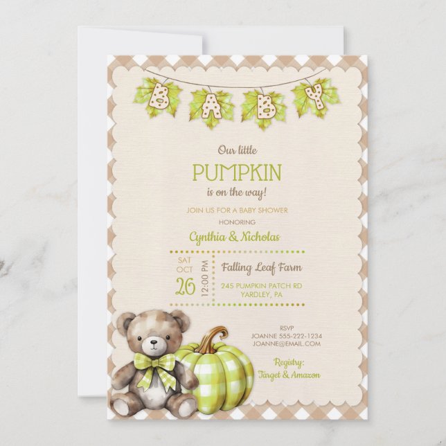 Autumn Plaid Teddy Bear Pumpkin Leaves Invitation (Front)