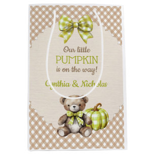 Autumn Plaid Teddy Bear Pumpkin Leaves Medium Gift Bag