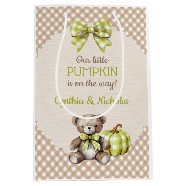 Autumn Plaid Teddy Bear Pumpkin Leaves Medium Gift Bag (Front)