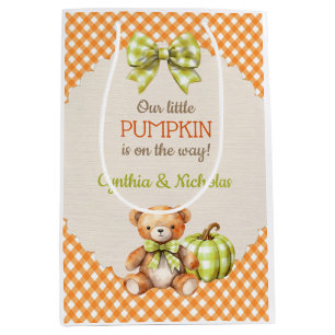 Autumn Plaid Teddy Bear Pumpkin Leaves Medium Gift Bag