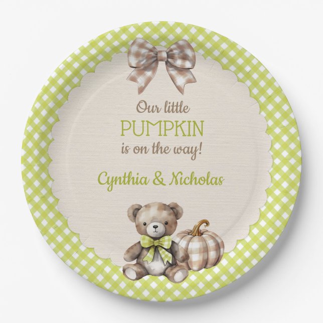 Autumn Plaid Teddy Bear Pumpkin Paper Plate (Front)