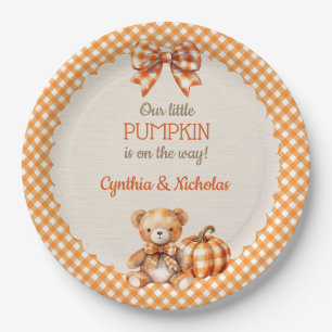 Autumn Plaid Teddy Bear Pumpkin Paper Plate