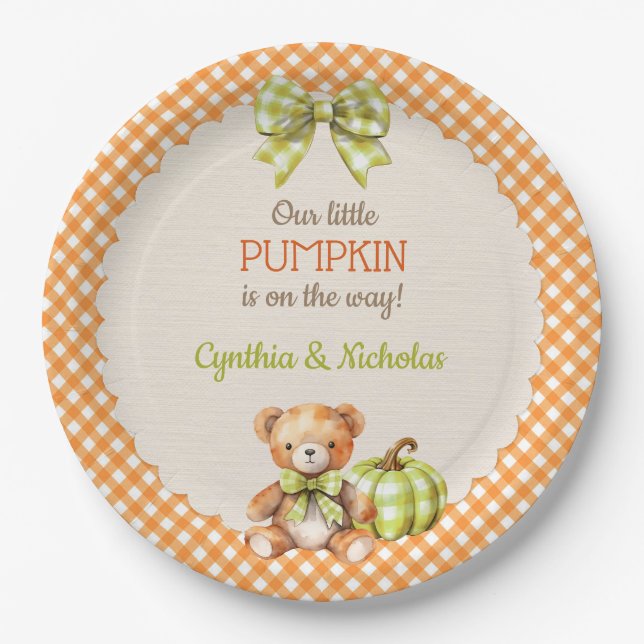 Autumn Plaid Teddy Bear Pumpkin Paper Plate (Front)