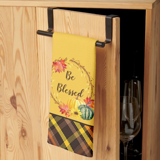 Autumn plaid with pumpkin wreath custom tea towel (Thirds Fold)