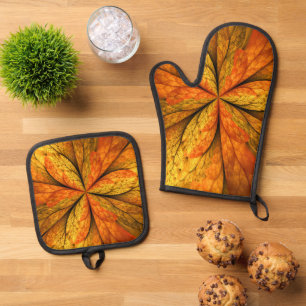 Autumn Plant, Modern Abstract Fractal Art Leaf Oven Mitt & Pot Holder Set