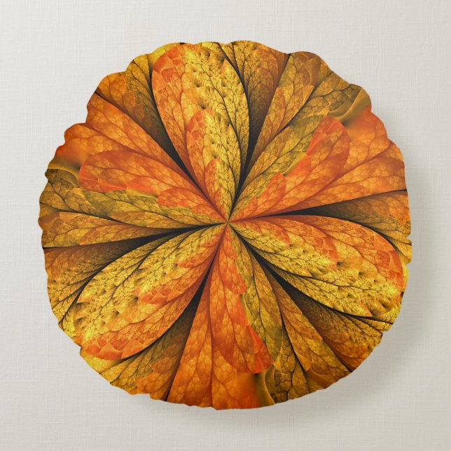 Autumn Plant, Modern Abstract Fractal Art Leaf Round Cushion (Front)