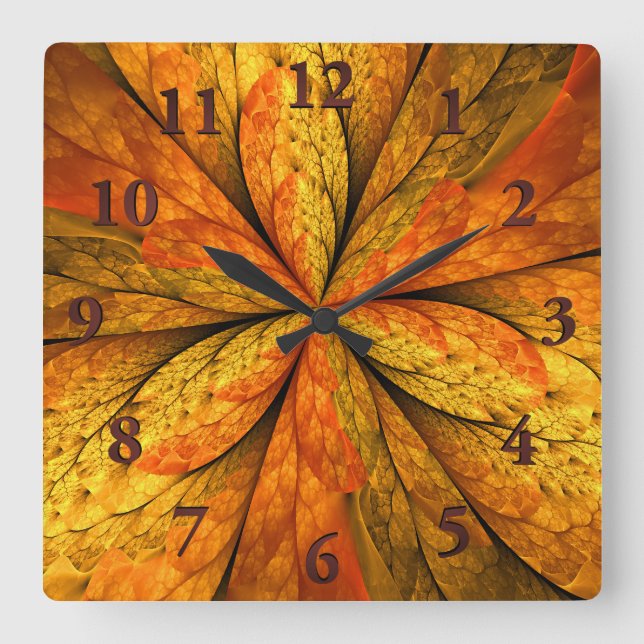 Autumn Plant, Modern Abstract Fractal Art Leaf Square Wall Clock (Front)