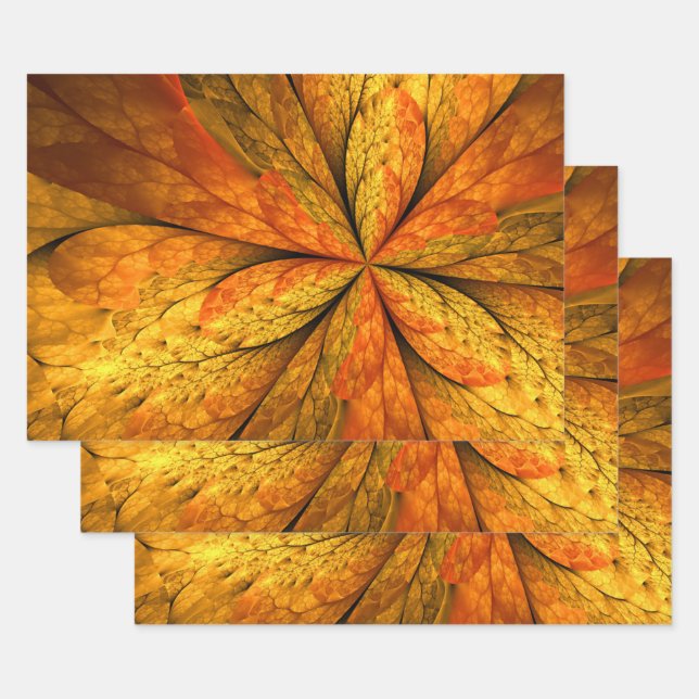 Autumn Plant, Modern Abstract Fractal Art Leaf Wrapping Paper Sheet (Set)