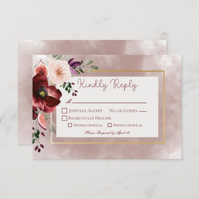 Autumn Plum Floral Bouquet Wedding RSVP Card (Front/Back)
