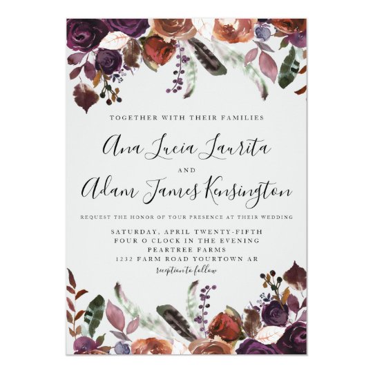 Autumn Plum Wedding Invitations Watercolor Boho Zazzle Co Uk