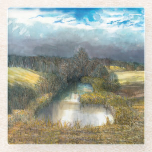 autumn pond glass coaster