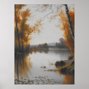 Autumn pond landscape, vintage art, pond painting, poster